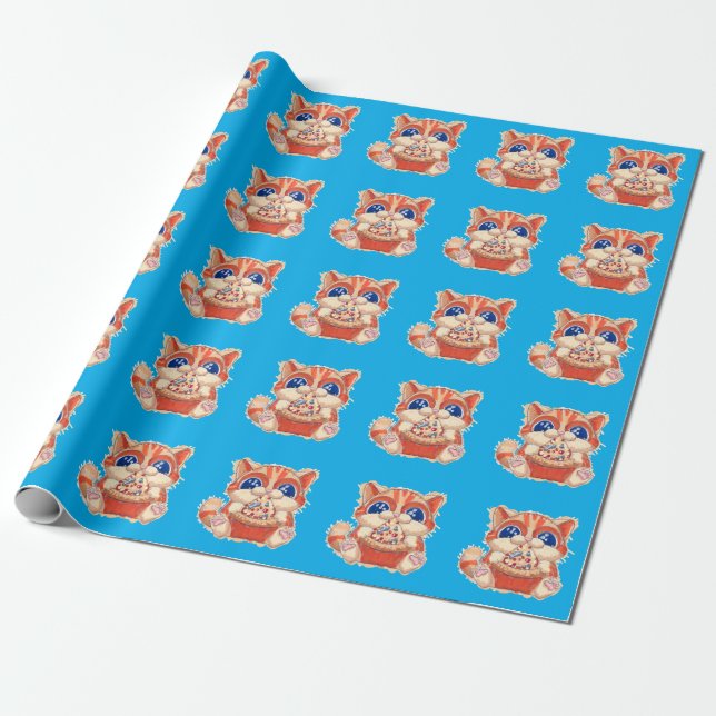 Cat Eating Pizza colour Wrapping Paper (Unrolled)