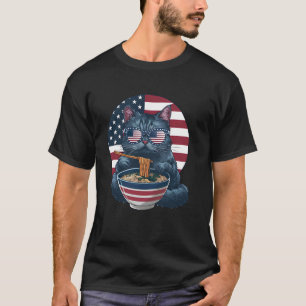 Cat Eating Ramen Funny Cat Sunglasses USA Flag 4th T-Shirt