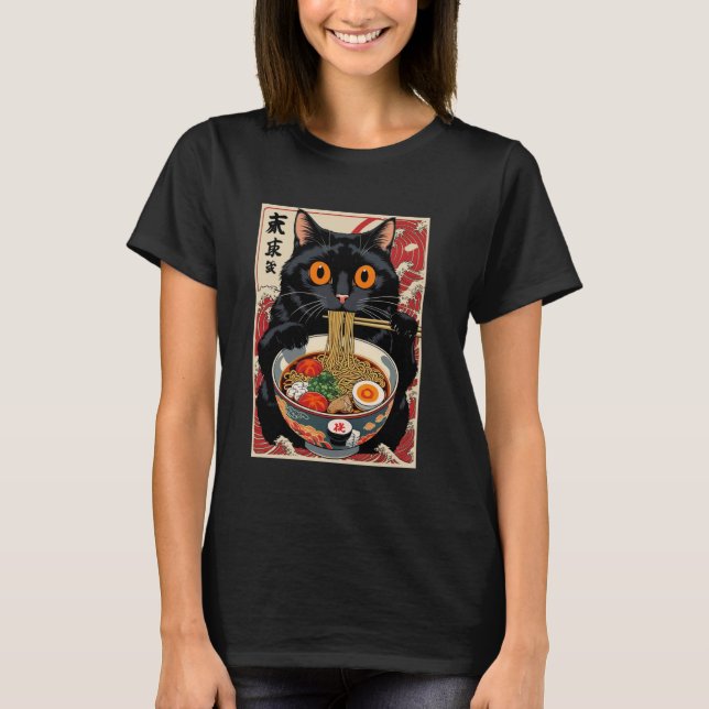 Cat Eating Ramen Funny T-Shirt (Front)