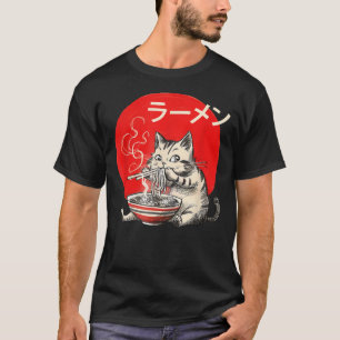 Cat Eating Ramen Japanese Noodles Retro Hiragana T-Shirt