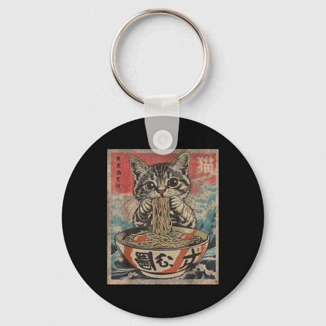 Cat Eating Ramen Noodles Kawaii Anime Manga Japane Key Ring (Front)