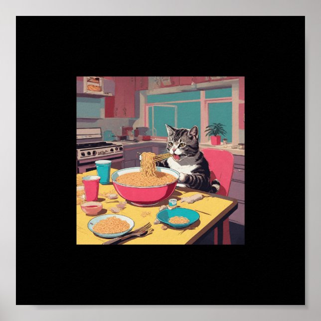 cat eating ramen noodles poster (Front)