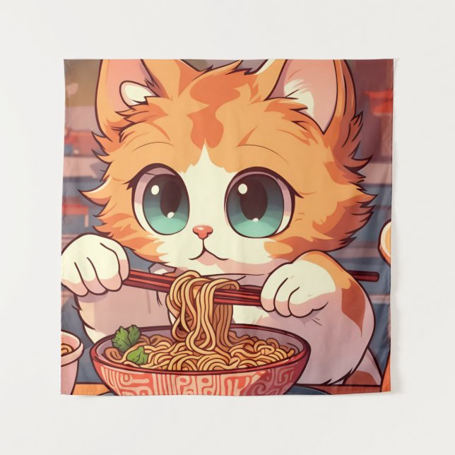 Cat Eating Ramen Noodles Tapestry (Front)