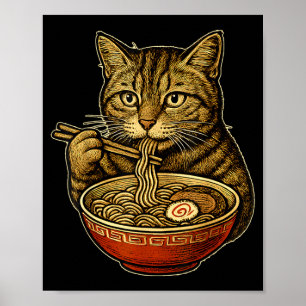 Cat Eating Ramen Soup Funny Manga Neko Otaku Anime Poster