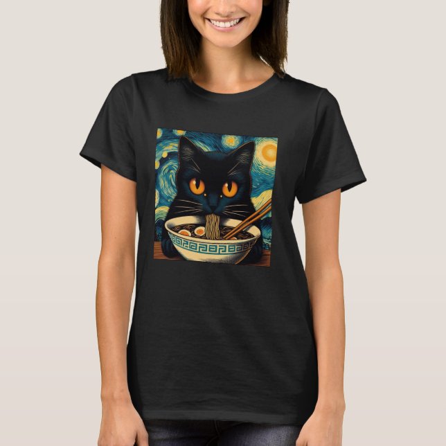 Cat Eating Ramen, Starry Night Van Gogh, Cat Lover T-Shirt (Front)
