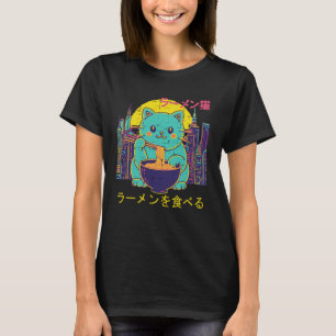 Cat Eating Ramen Vaporwave Retro Japanese Girls Ki T-Shirt