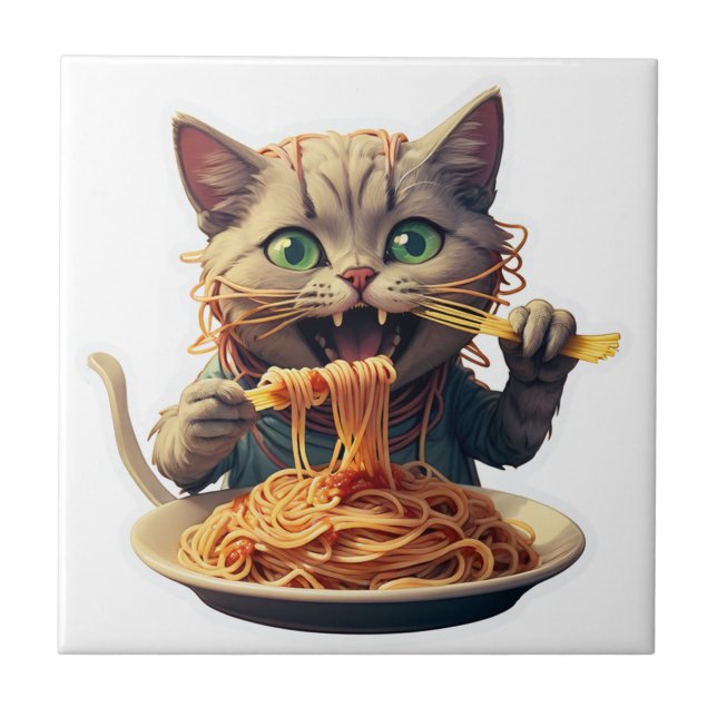 Cat Eating Spaghetti Ceramic Tile (Front)