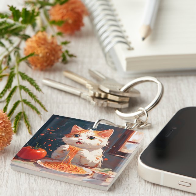 Cat eating spaghetti key ring (Front Right)