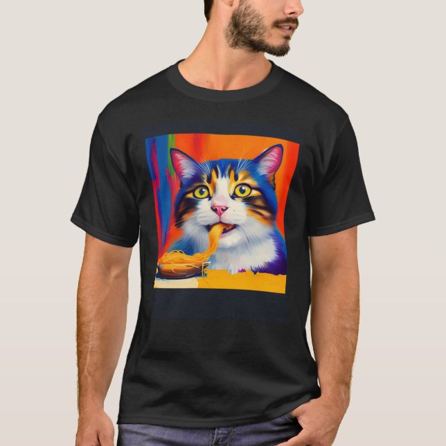 Cat Eating Spaghetti Oil Painting Style T-Shirt (Front)
