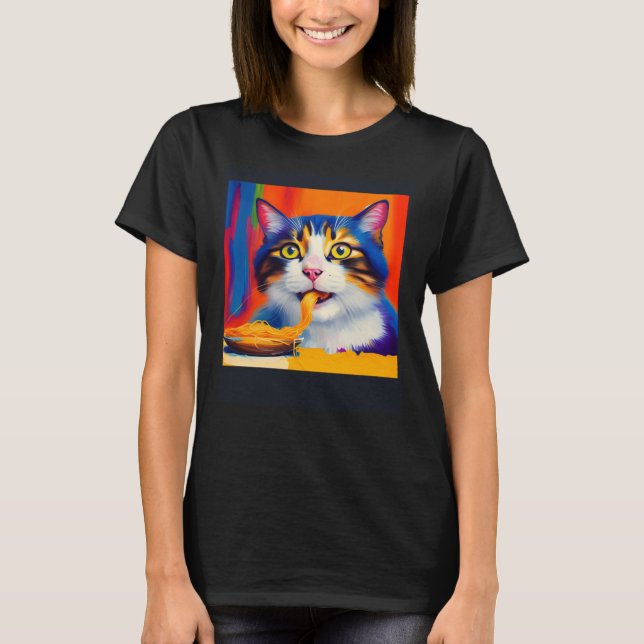 Cat Eating Spaghetti Oil Painting Style T-Shirt (Front)