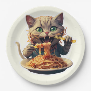 Cat Eating Spaghetti Paper Plate