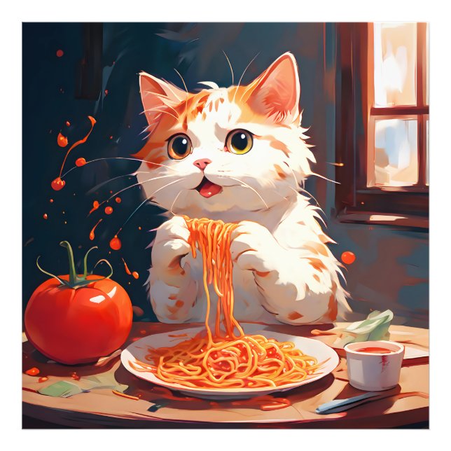 Cat eating spaghetti photo print (Front)