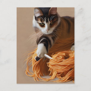 Cat Eating Spaghetti Postcard