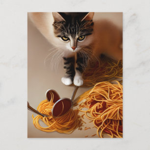 Cat Eating Spaghetti Postcard