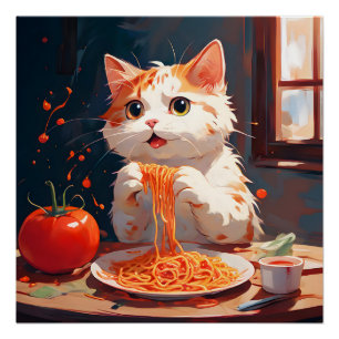 Cat eating spaghetti poster