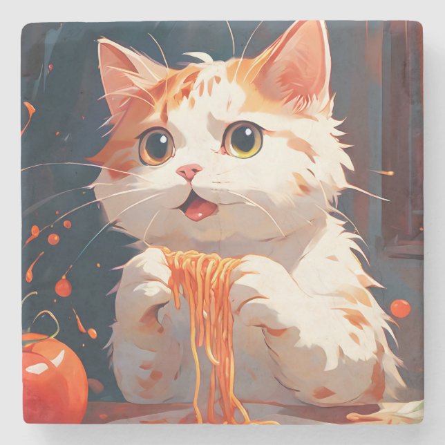 Cat eating spaghetti stone coaster (Front)