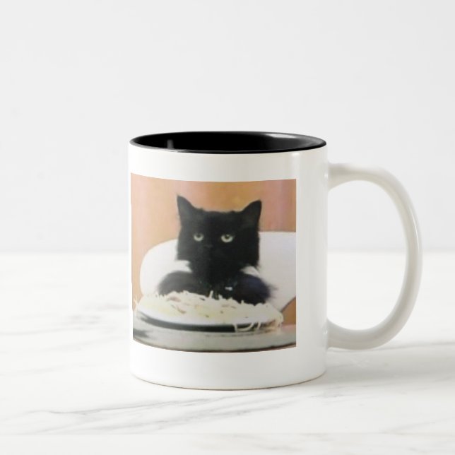 Cat Eating Spaghetti Two-Tone Coffee Mug (Right)