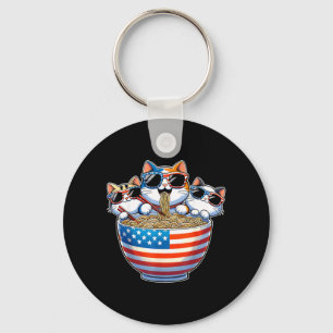 Cat Eating Sunglass Ramen Patriotic USA Flag 4th Key Ring