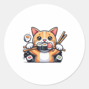 Cat eating sushi 1 classic round sticker