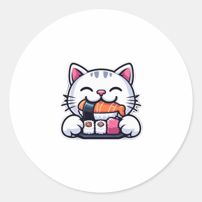 Cat eating sushi   classic round sticker (Front)