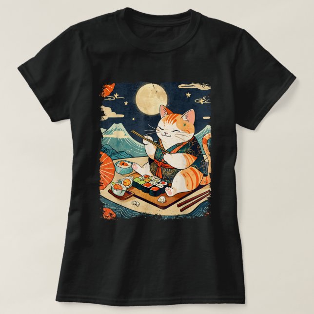 Cat Eating Sushi Japanese Anime Kawaii Cat Ukiyo-E T-Shirt (Design Front)