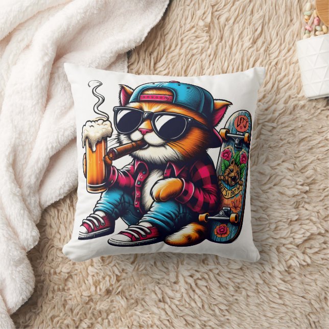 Cat enjoying a drink while skateboarding in style cushion (Blanket)