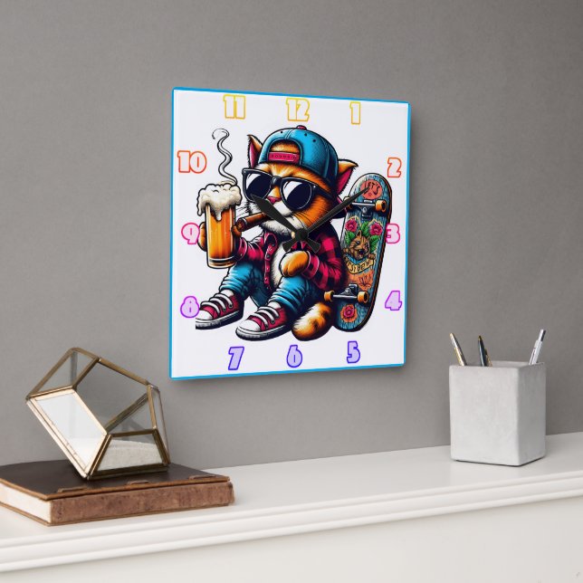Cat enjoying a drink while skateboarding in style square wall clock (Office)