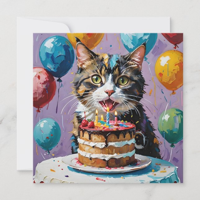 Cat Enjoying Birthday Cake Acrylic Art, Save The Date (Front)