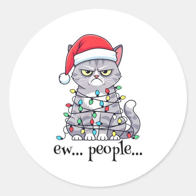 Cat Ew People Adult Humor Mens Womens Introvert An Classic Round Sticker (Front)