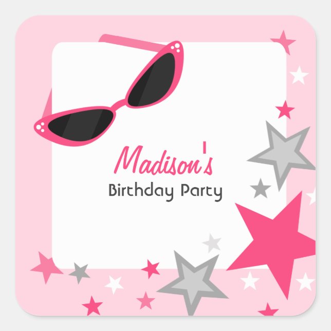 Cat Eye Sunglasses & Stars Pink Birthday Party Square Sticker (Front)
