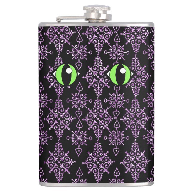 Cat Eyes Purple Damask Vinyl Wrapped Flask (Front)