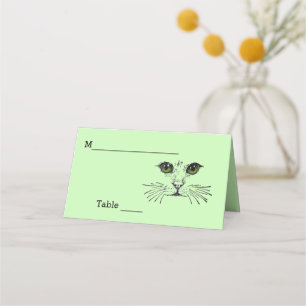 Cat Face Black Drawing Green Eyes Long Whiskers Place Card