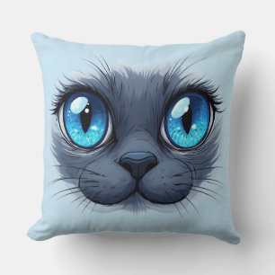 Cat Face Close Up Blue Eyes Kitty Illustratio Cushion