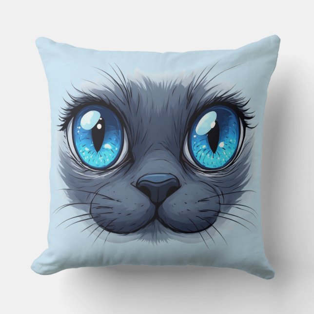 Cat Face Close Up Blue Eyes Kitty Illustratio Cushion (Front)