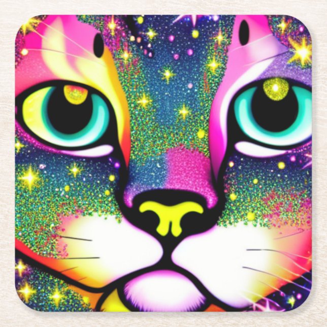 Cat Face Close Up Pop Art   Square Paper Coaster (Front)