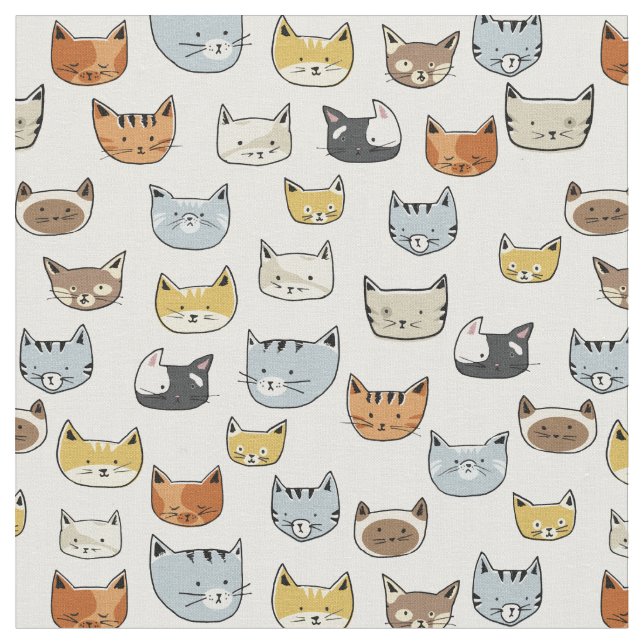 Cat Face Doodle Pattern Fabric (Close Up)