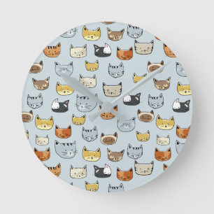 Cat Face Doodle Pattern Round Clock