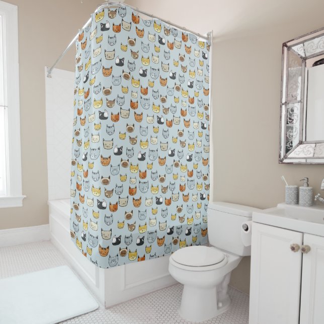 Cat Face Doodle Pattern Shower Curtain (In Situ)