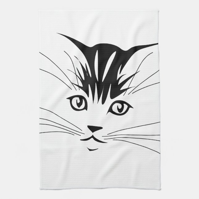 Cat Face Drawing Tea Towel (Vertical)
