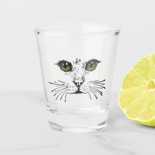 Cat Face Drawing With Green Yellow Eyes Whiskers Shot Glass