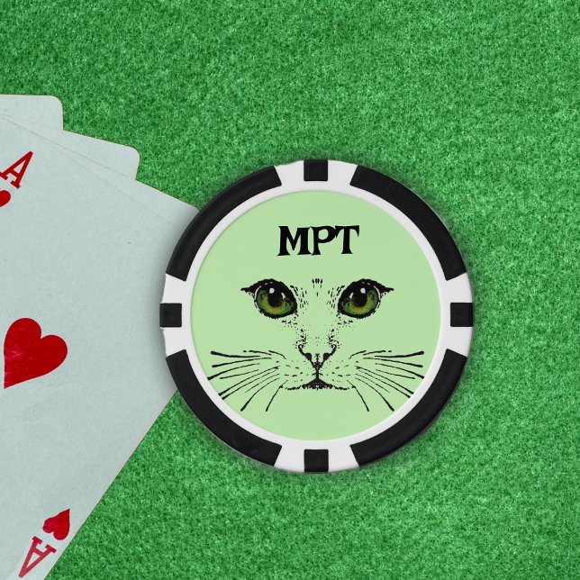 Cat Face Etched in black Green Eyes Whiskers Poker Chips (Black cat face drawing with green eyes and whiskers on light green poker chips.)