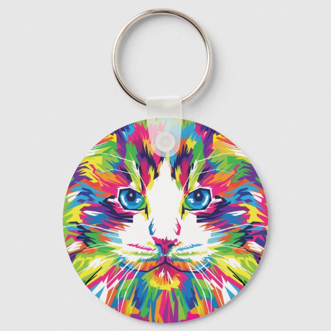 Cat Face Geometric Prismatic Design-32453 Key Ring (Front)