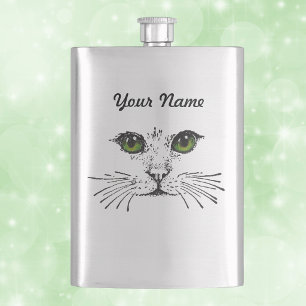 Cat Face Green Eyes Whiskers Hip Flask