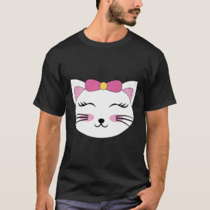 Cat Face Head Eyelashes Closed Eyes Smile Bow T-Shirt