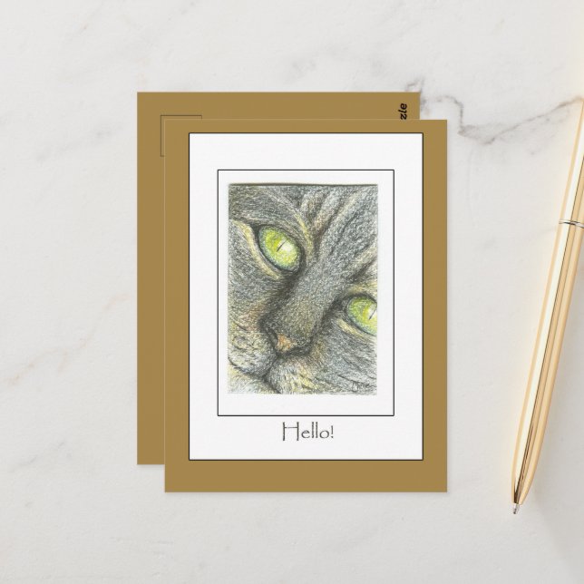 Cat Face Hello! Hand Drawn Art Card  (Front/Back In Situ)