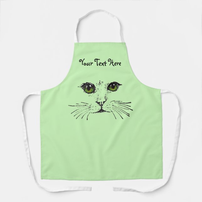 Cat Face Illustration Green Eyes Long Whiskers Apron (Front)