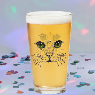 Cat Face Illustration in Black Vibrant Green Eyes Glass