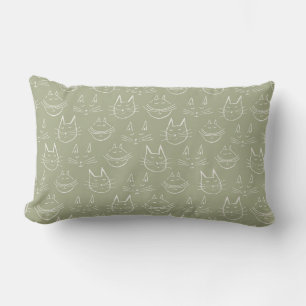 Cat Face Illustration Sage Green Lumbar Cushion