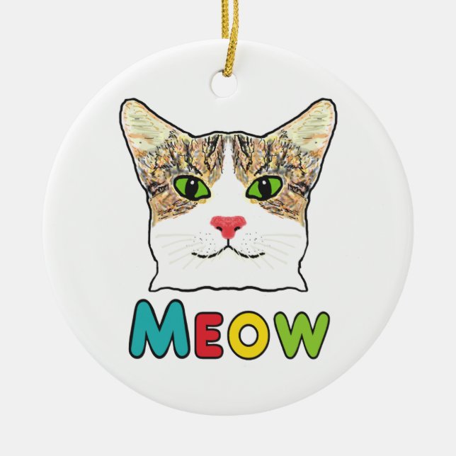 Cat Face Meow Ceramic Ornament (Front)