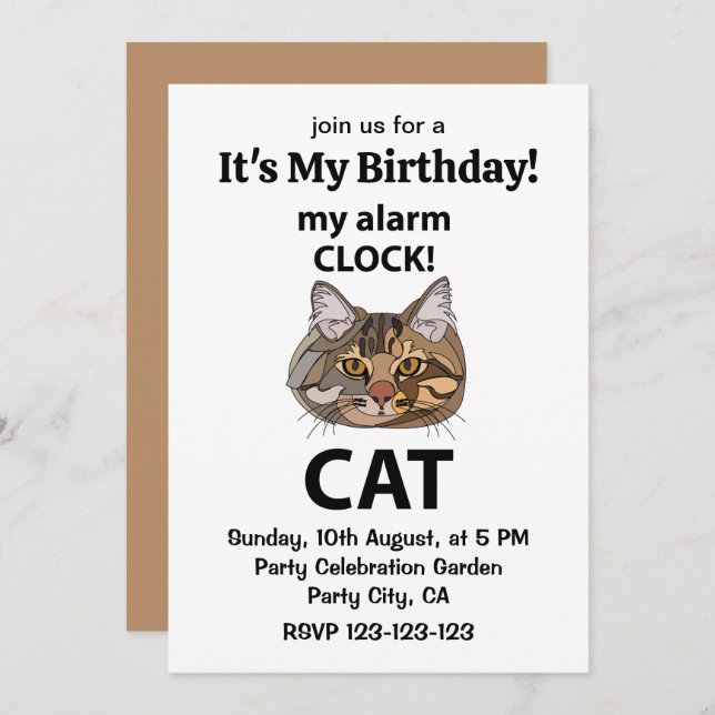 Cat Face My Alarm Clock Tabby Cat Birthday Invitation (Front/Back)